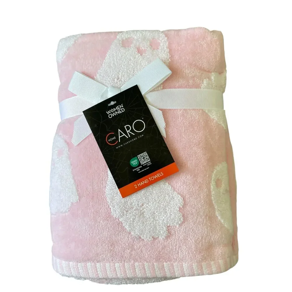 Caro Home Halloween Ghost Hand Towels 18x28 Plush Pink & White Set of 2 New